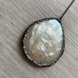 Faux Opal Gunmetal Pendant Drop Necklace